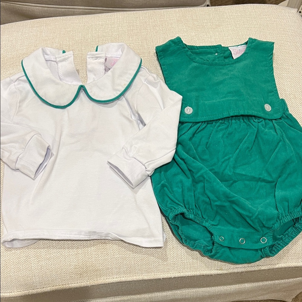 Stitchy Fish Adorable Green and White corduroy boy Matching Set 6 months